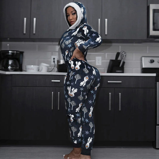 Fall Winter European And American Women's Hot Sale Hooded Christmas Printed Homewear V Neck Jumpsuit