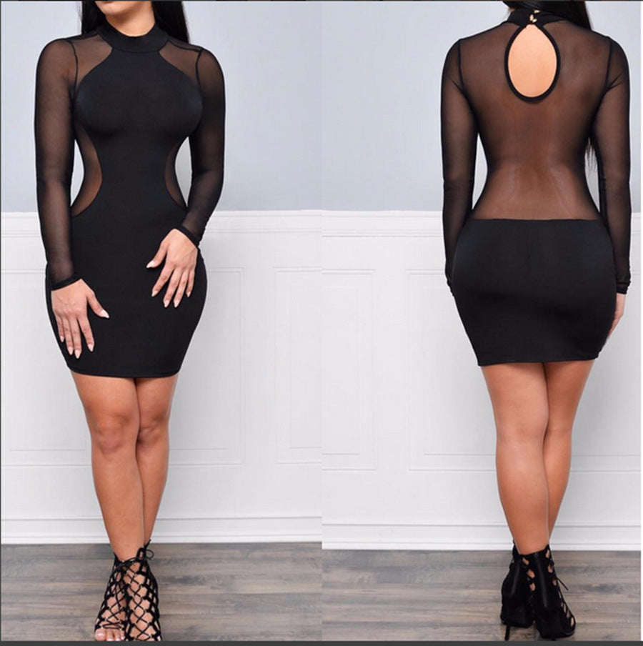 European And American Sexy Mesh Bandage Long Sleeve Slim Nightclub Dress