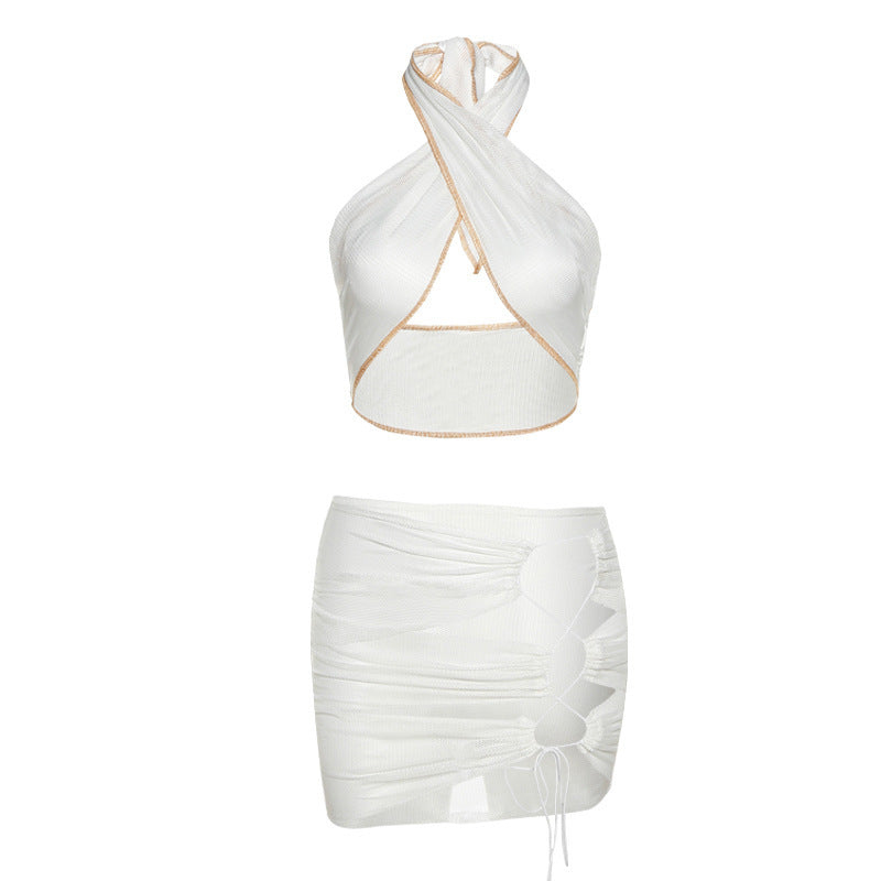 Women's See-through Strappy Vest Slim Skirt Suit