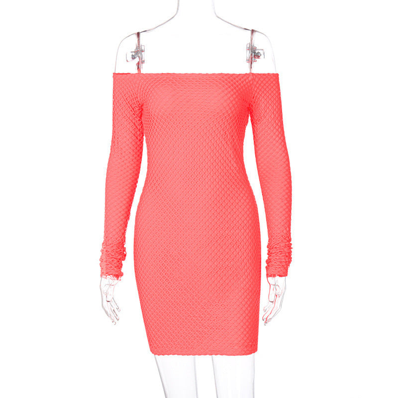 One-shoulder mesh stitching long-sleeved dress