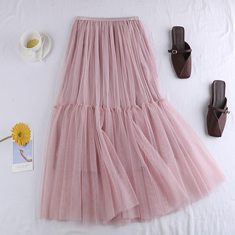 Tulle Skirt Versatile Solid Color Bottoming Mid-length