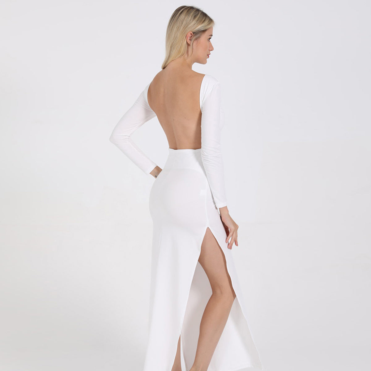 Sexy open back split long sleeve and floor dress