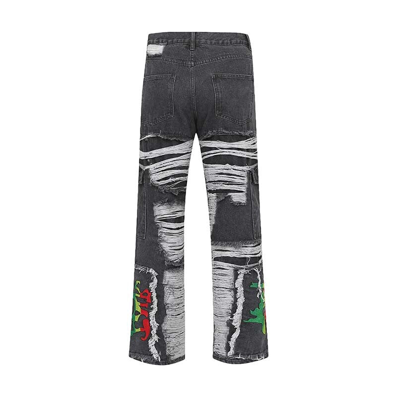 Men's Fashion Vintage Ragged Burlap Letter Embroidered Jeans