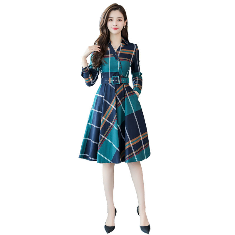 Slim Mid-length Fashionable Plaid Temperament Plus Size Dress