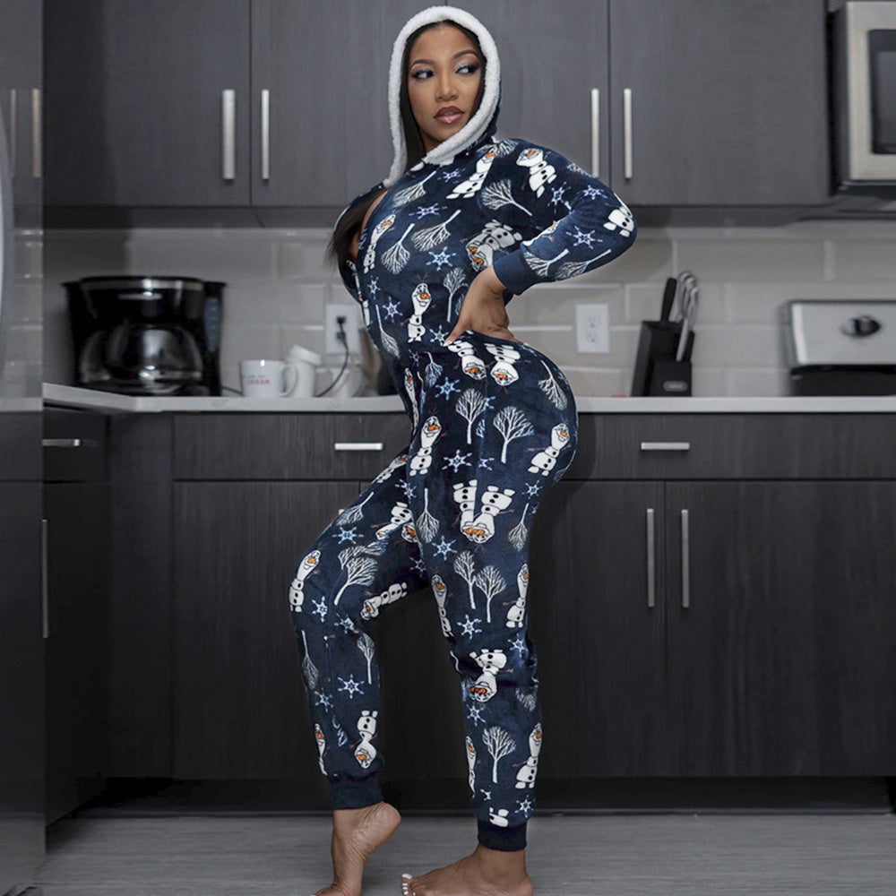 Fall Winter European And American Women's Hot Sale Hooded Christmas Printed Homewear V Neck Jumpsuit