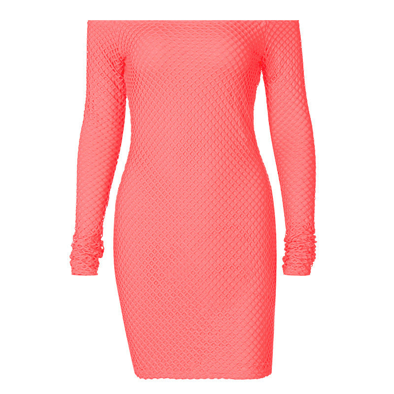 One-shoulder mesh stitching long-sleeved dress