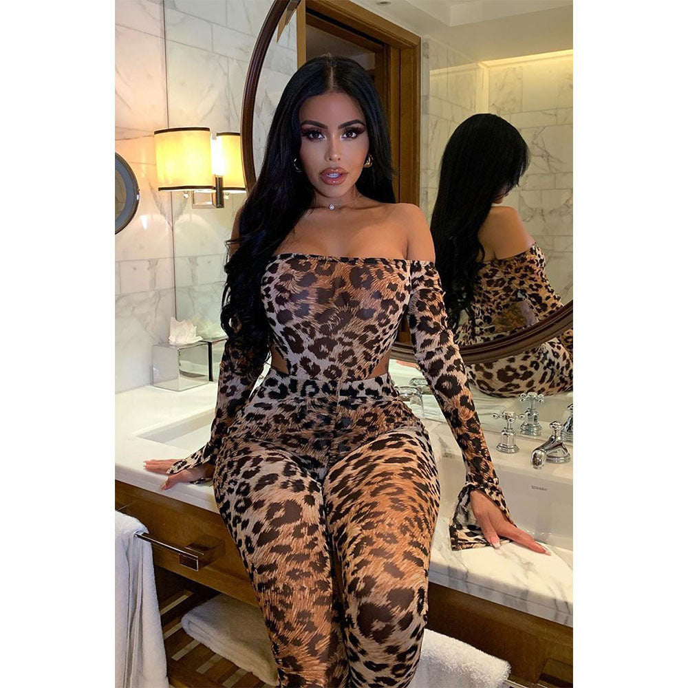 Sexy Leopard Print Long-Sleeved One-Neck Skinny Jumpsuit