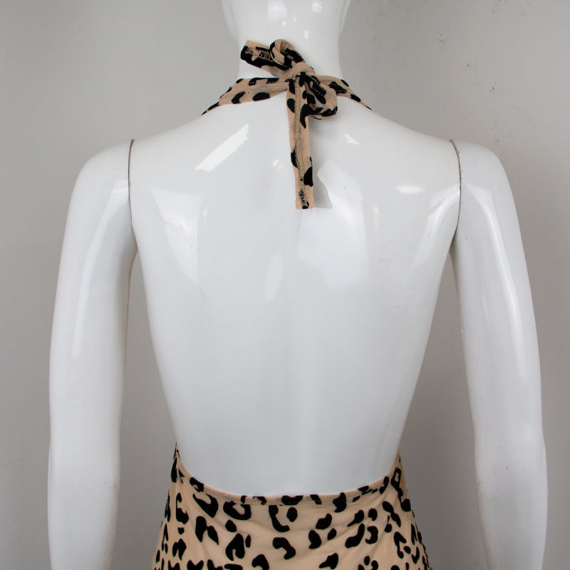 Summer New Leopard Print Mesh Flocking Perspective Slim Neck Dress