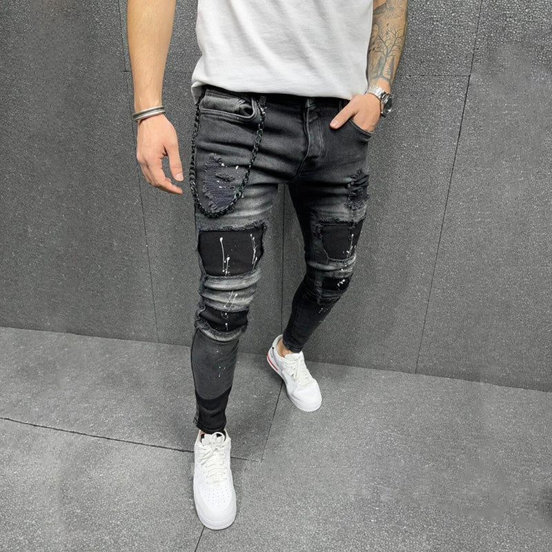 Men's Fashion Torn Patch Skinny Jeans