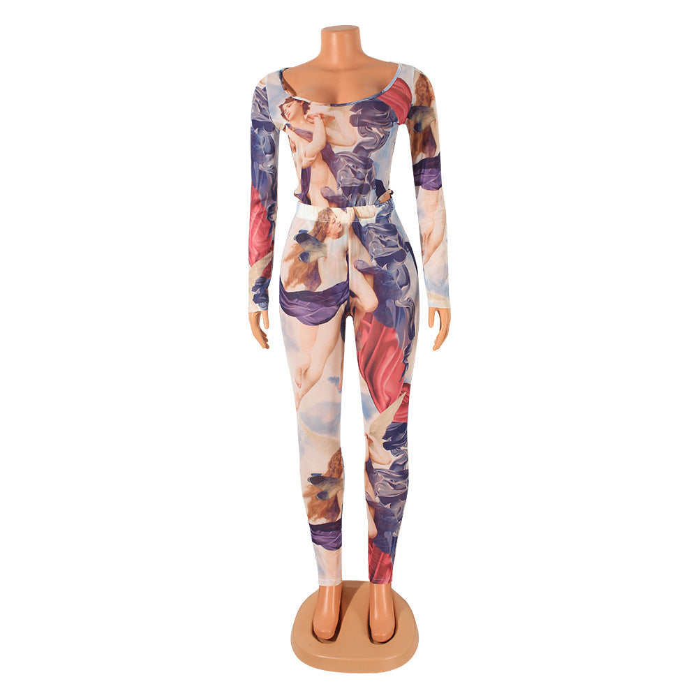 Sexy Printed Mesh See-Through Long-Sleeved Slim Jumpsuit