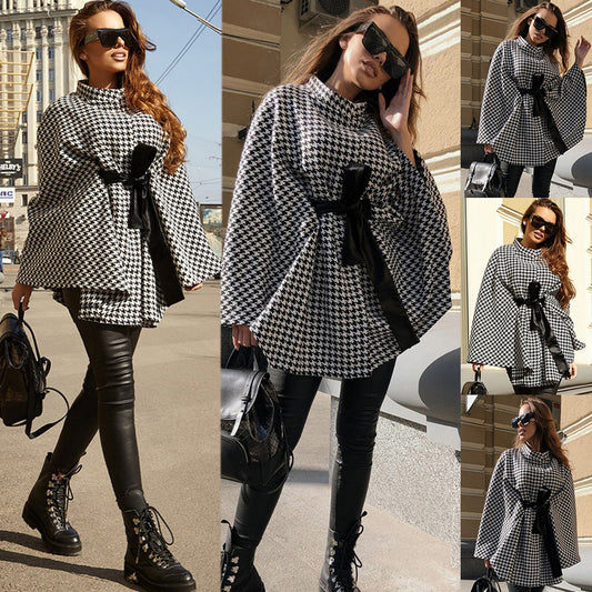 European And American Coat Houndstooth Woolen Cloth Loose Tie Cloak