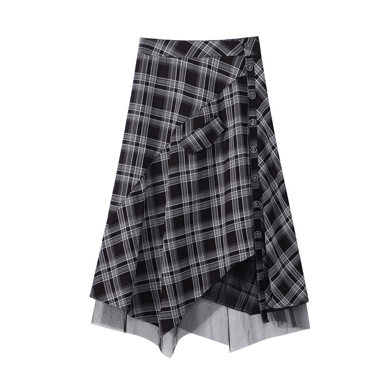 Irregular Plaid Skirt Women High Waist Long Skirt