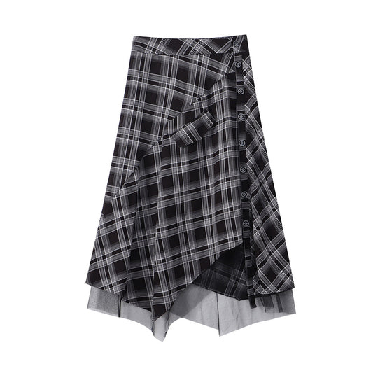 Irregular Plaid Skirt Women High Waist Long Skirt