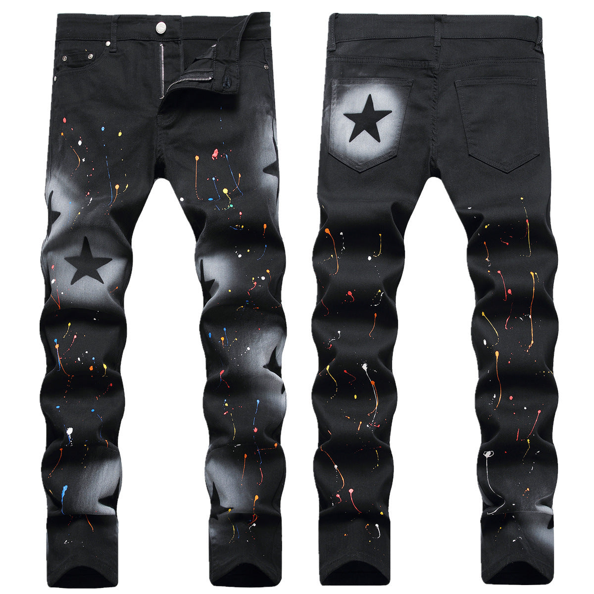 Men's Fashion Casual Cool Hand-painted Gun Spray Five-pointed Star Straight Jeans