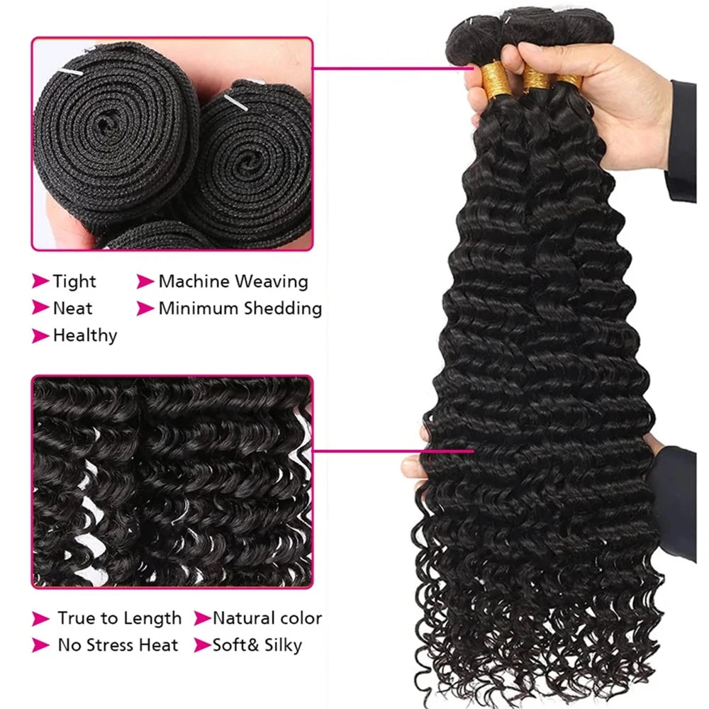 Deep Wave Bundles With Frontal Closure With Bundles Hair Extensions 13x4 HD Lace Frontal With 3 Bundles Tissage 100% Human Hair