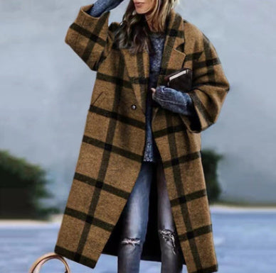 Turn-down Collar Coat Printed Woolen Long-cut Coat