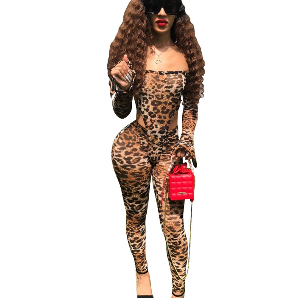 Sexy Leopard Print Long-Sleeved One-Neck Skinny Jumpsuit