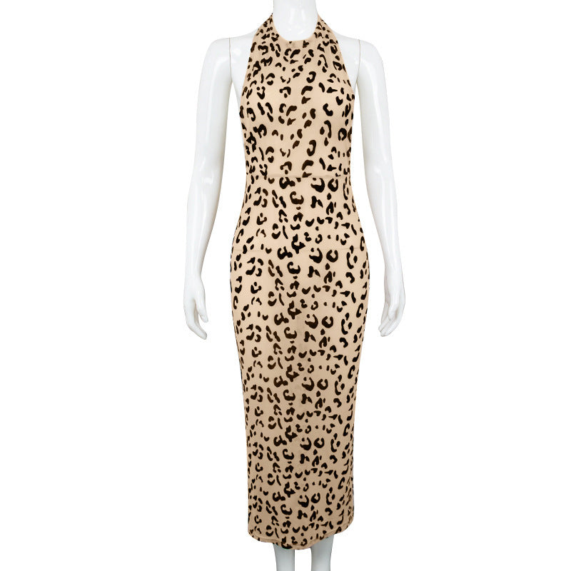 Summer New Leopard Print Mesh Flocking Perspective Slim Neck Dress