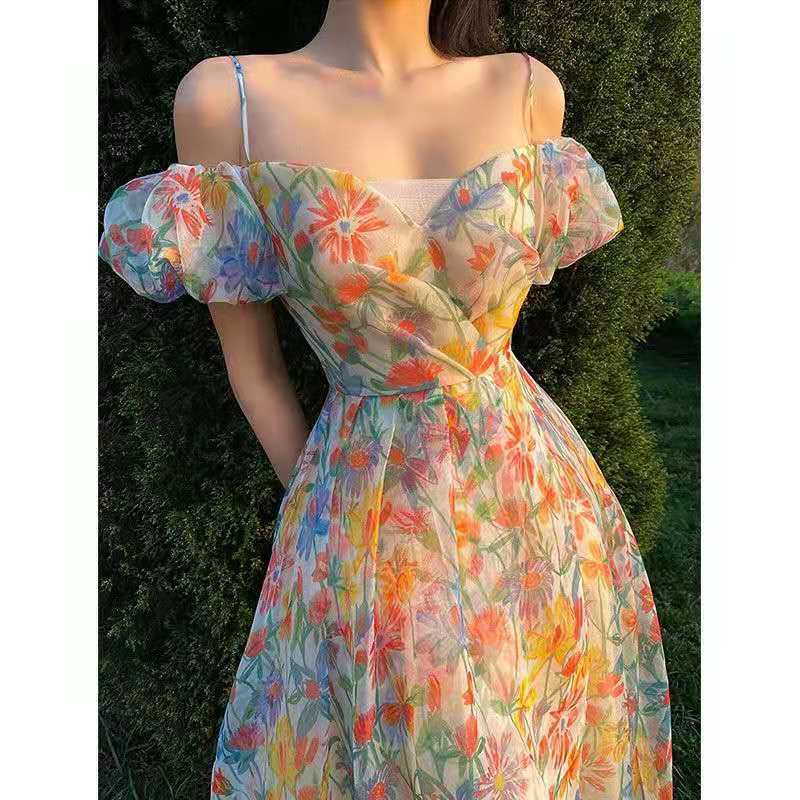 Vintage Coffee Break French Yellow One-shoulder Floral Dress