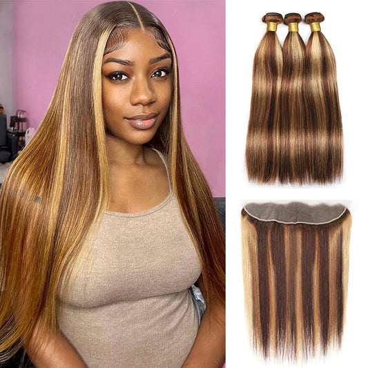 Highlight 4/27 StraightBundles With Frontal 13x4 Lace Hair Extension Brazilian Remy Hair Weaves Bundles With Closure Human Hair