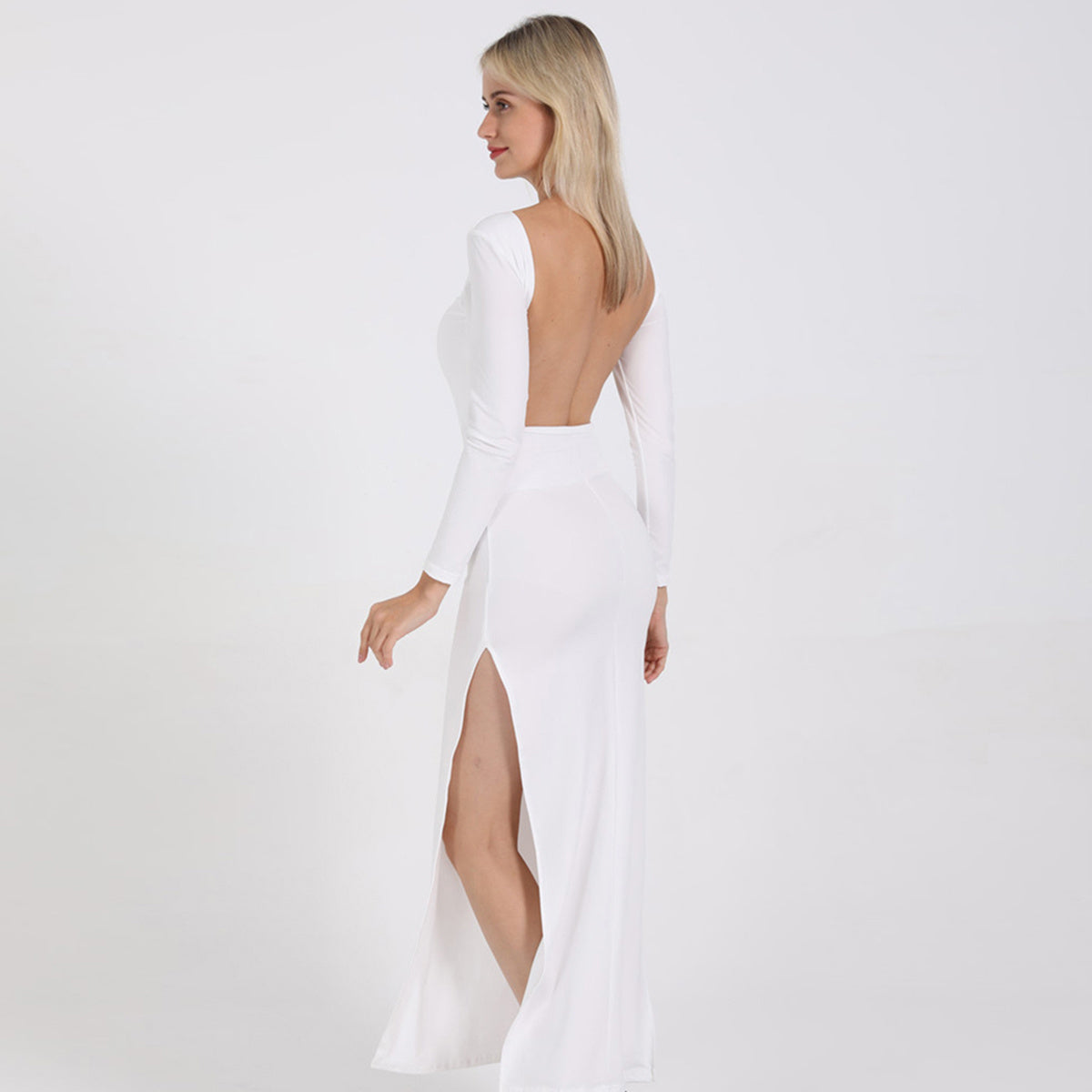 Sexy open back split long sleeve and floor dress