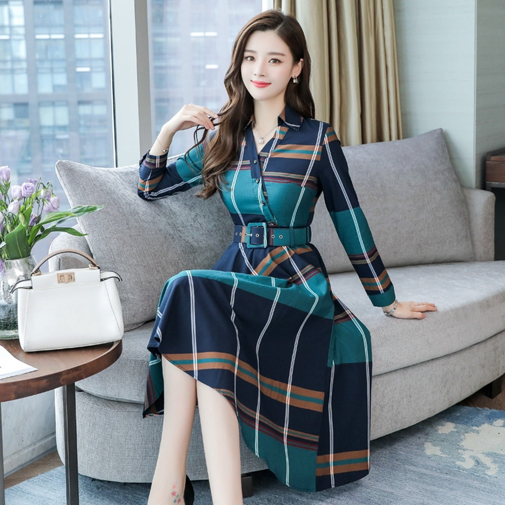 Slim Mid-length Fashionable Plaid Temperament Plus Size Dress