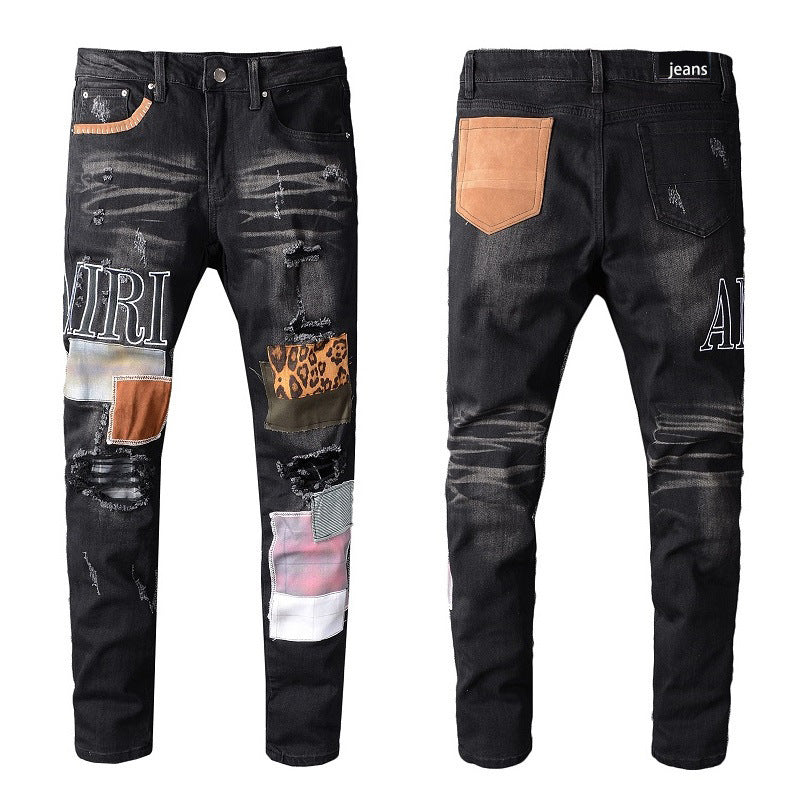 Men's High Street Brand Patch Embroidered Stretch Slim Jeans