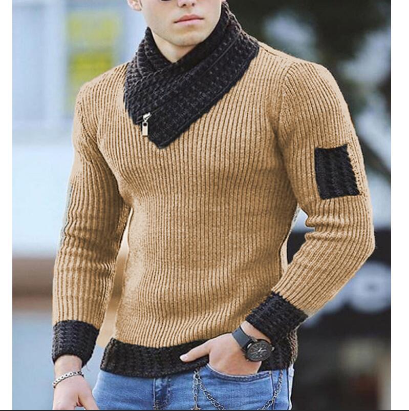 Casual Slim Knit Pullover Long Sleeve Scarf Collar Sweater Men's