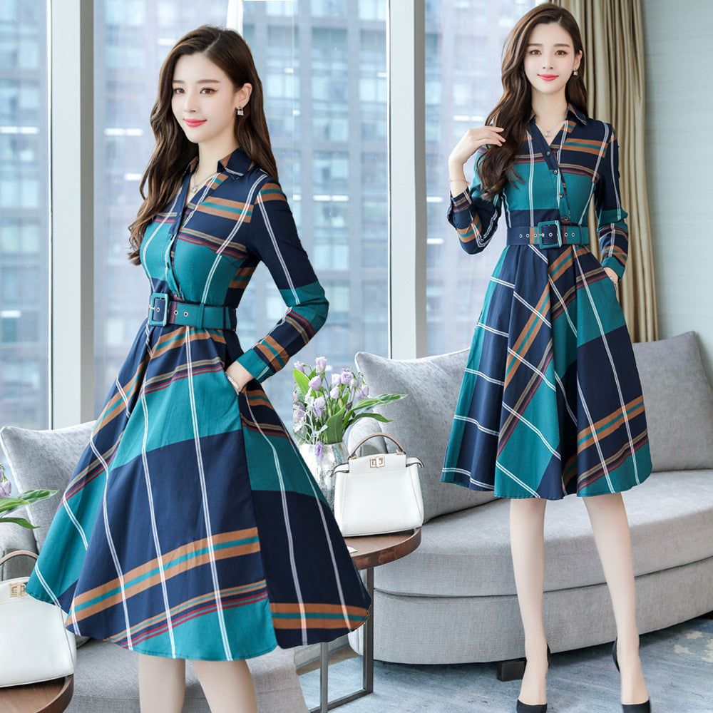 Slim Mid-length Fashionable Plaid Temperament Plus Size Dress