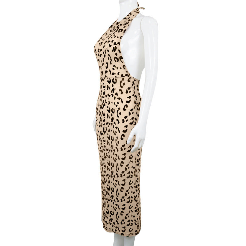 Summer New Leopard Print Mesh Flocking Perspective Slim Neck Dress