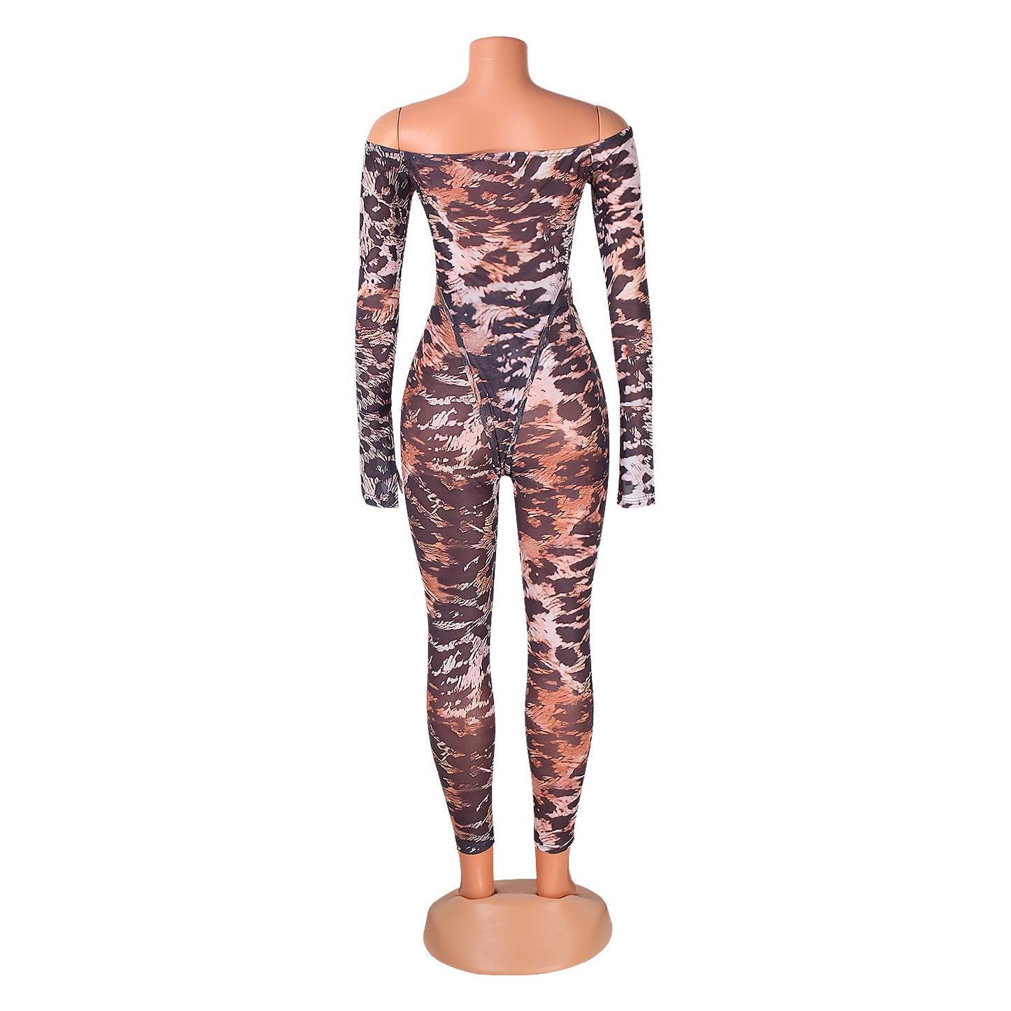 Sexy Leopard Print Long-Sleeved One-Neck Skinny Jumpsuit