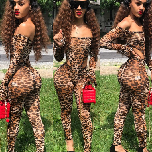 Sexy Leopard Print Long-Sleeved One-Neck Skinny Jumpsuit