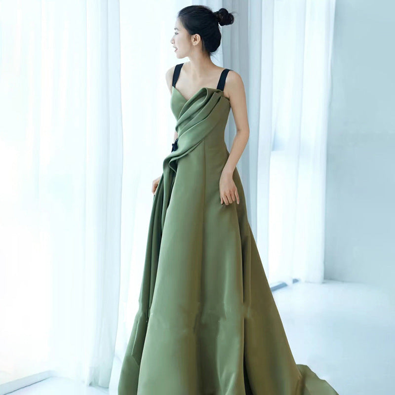 Women's Green Sling Evening Dress Light Luxury Niche