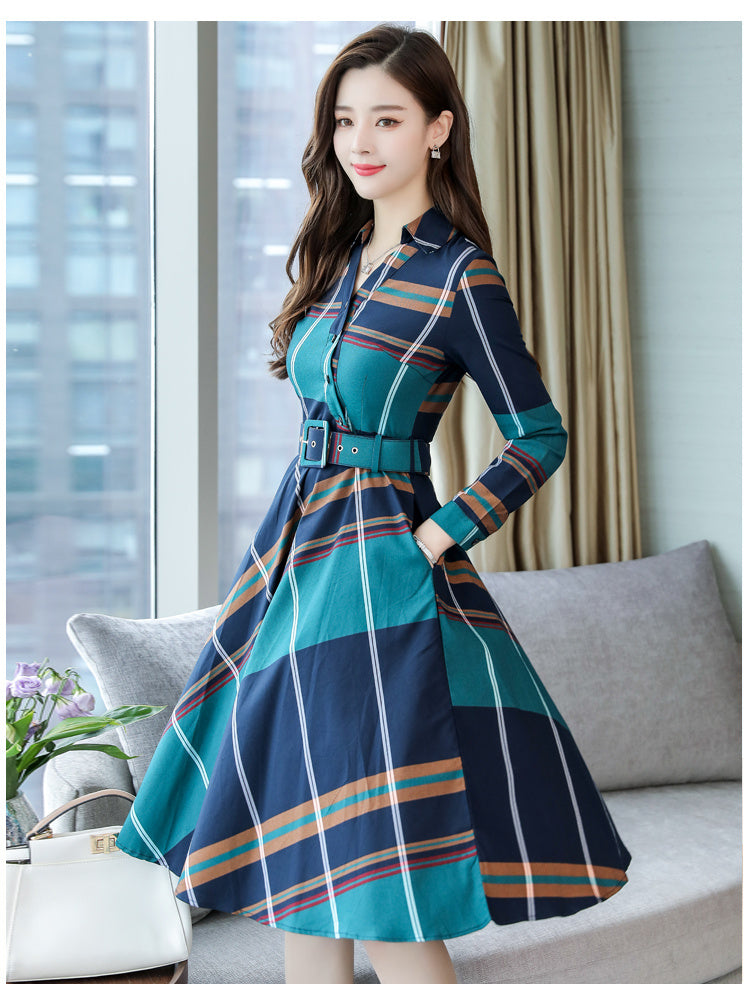 Slim Mid-length Fashionable Plaid Temperament Plus Size Dress