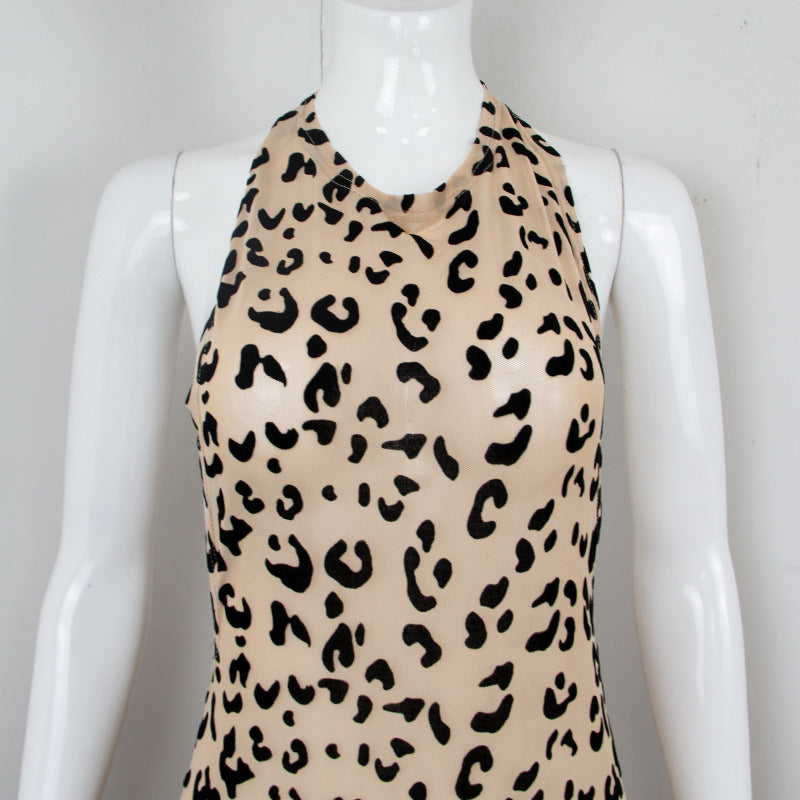 Summer New Leopard Print Mesh Flocking Perspective Slim Neck Dress