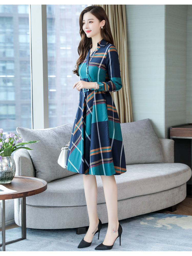 Slim Mid-length Fashionable Plaid Temperament Plus Size Dress