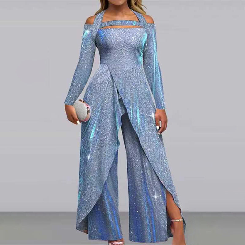 European And American Fashion Sexy Sequined Long Skirt Diagonal Mid-waist Temperament Commute Jumpsuit