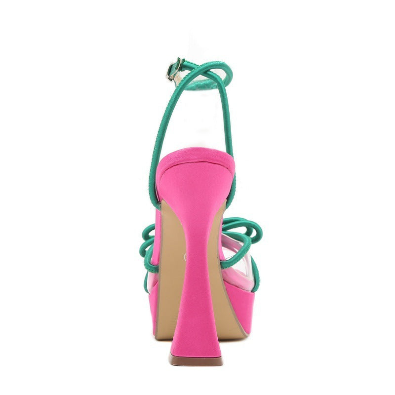 Bright Color-blocking Bow Thick-soled Buckle Chunky High Heels