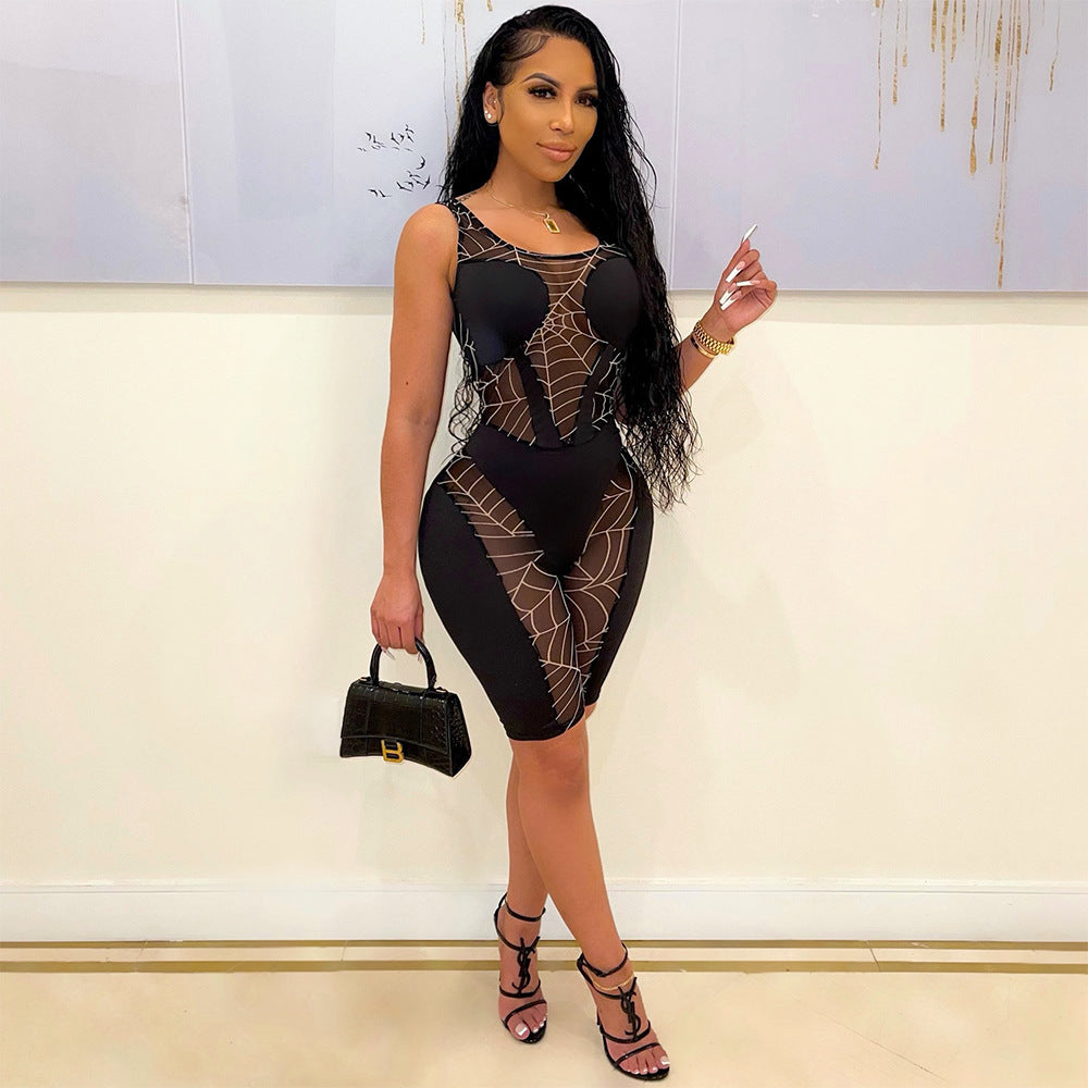 Sexy Mesh See-Through Stitching Sleeveless Jumpsuit