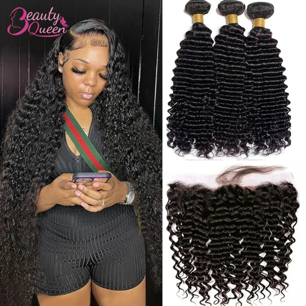 Deep Wave Bundles With Frontal Closure With Bundles Hair Extensions 13x4 HD Lace Frontal With 3 Bundles Tissage 100% Human Hair