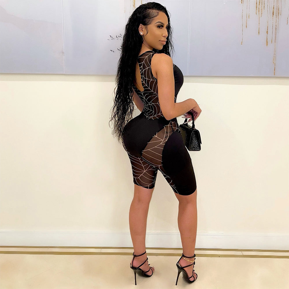 Sexy Mesh See-Through Stitching Sleeveless Jumpsuit