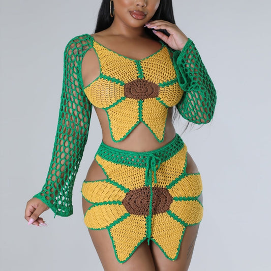 Women's Beach Sexy Hand Crocheted Sunflower Fashion Suit