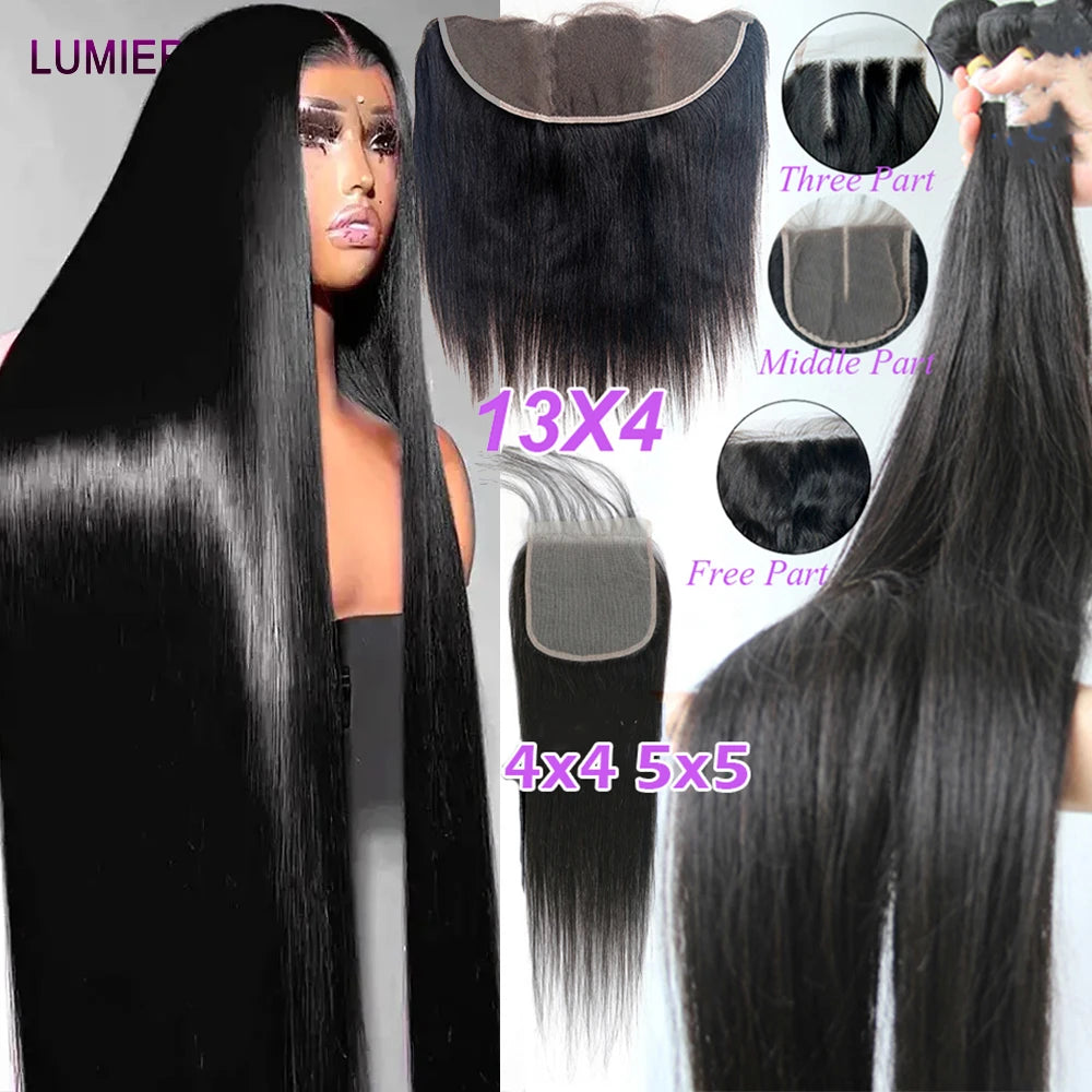 30 32inch Bone Straight Bundles With Frontal Closure HD Lace Closures With Bundles Virgin Human Hair Bundle Deal Hair Extension