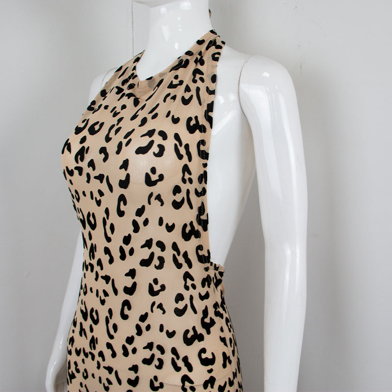 Summer New Leopard Print Mesh Flocking Perspective Slim Neck Dress