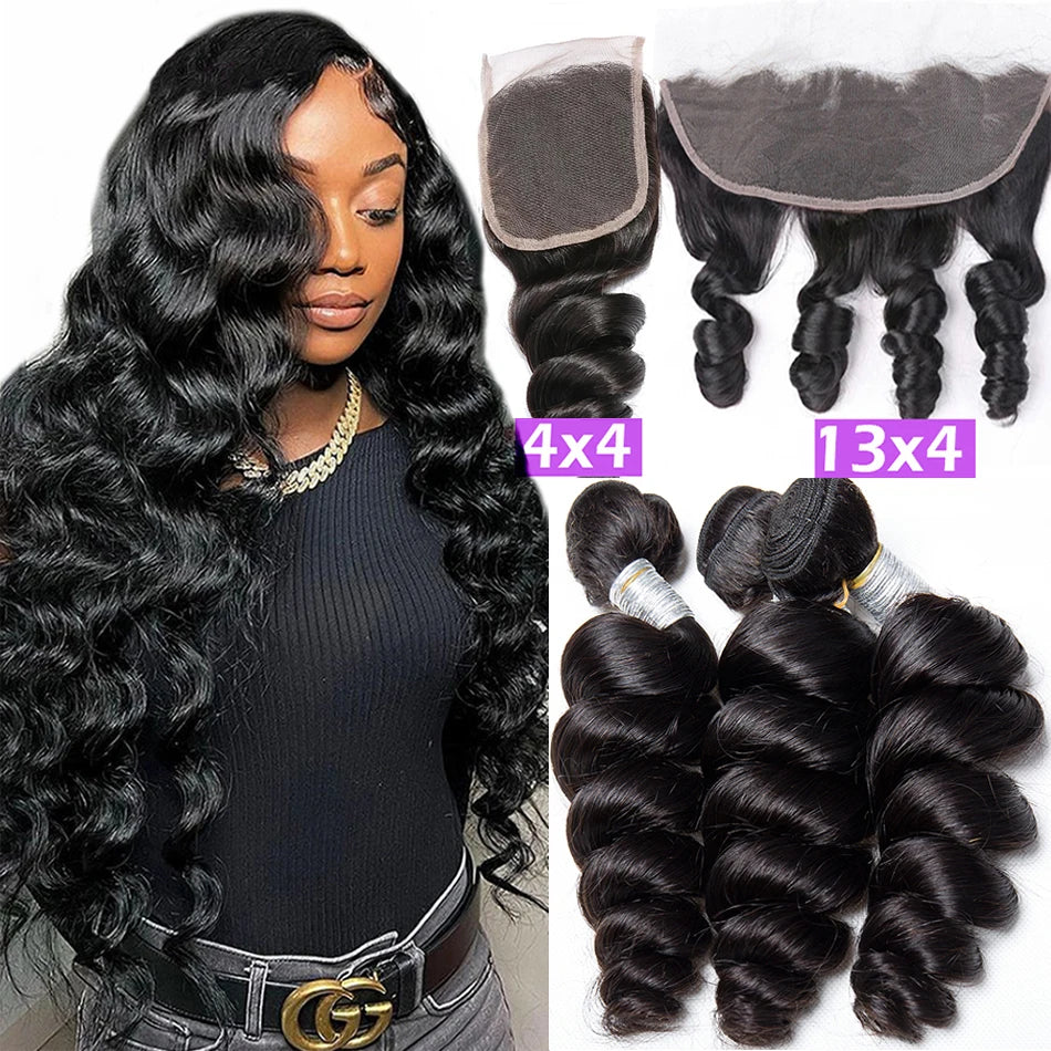 12A Loose Wave Human Hair Bundles With Closure Frontal Deep Wave HD Transparent Lace Closure And Bundles Virgin Hair Extensions